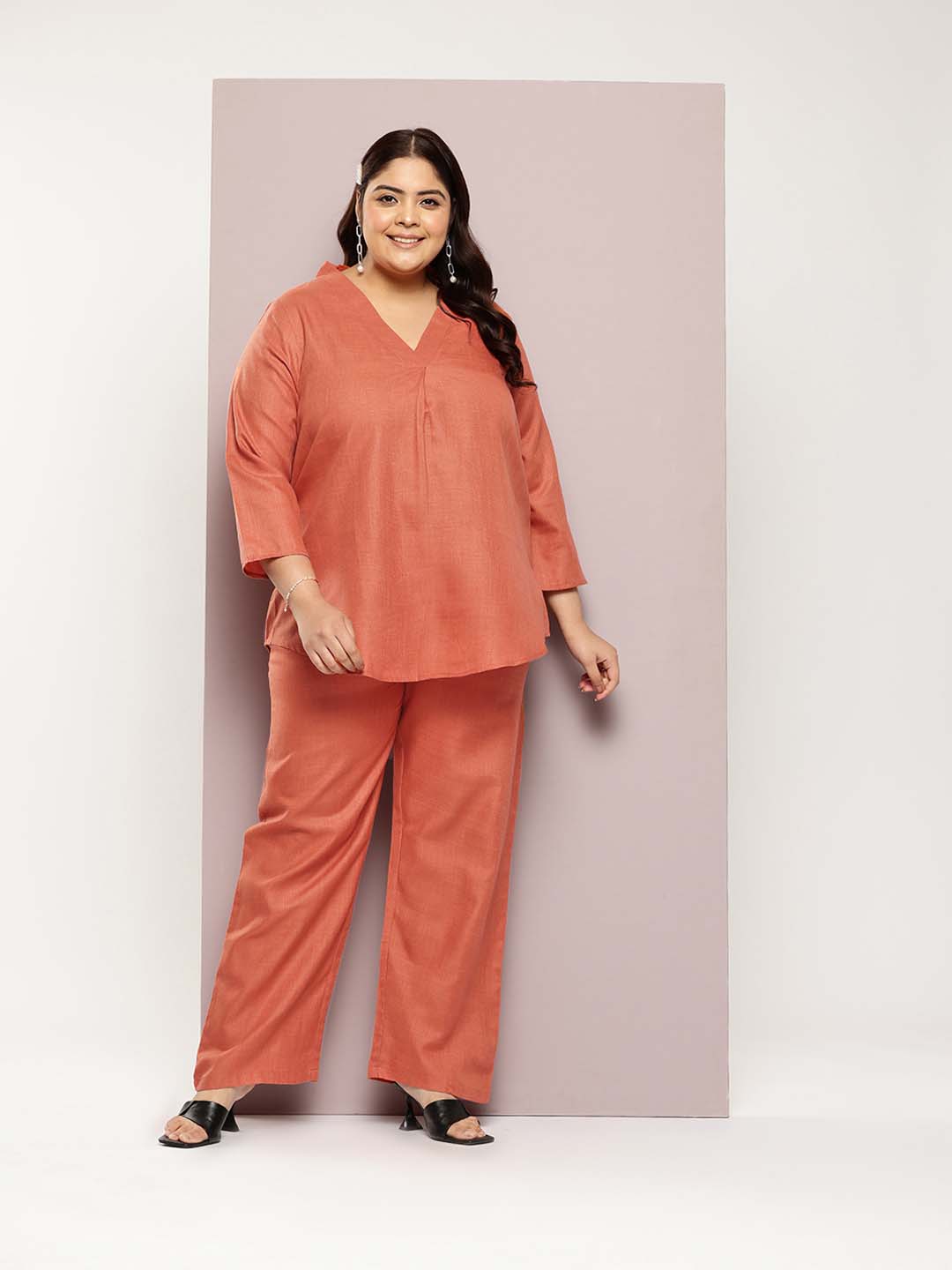 Orange Solid cotton slub V-neck top with regular sleeves with pant co-ord set.