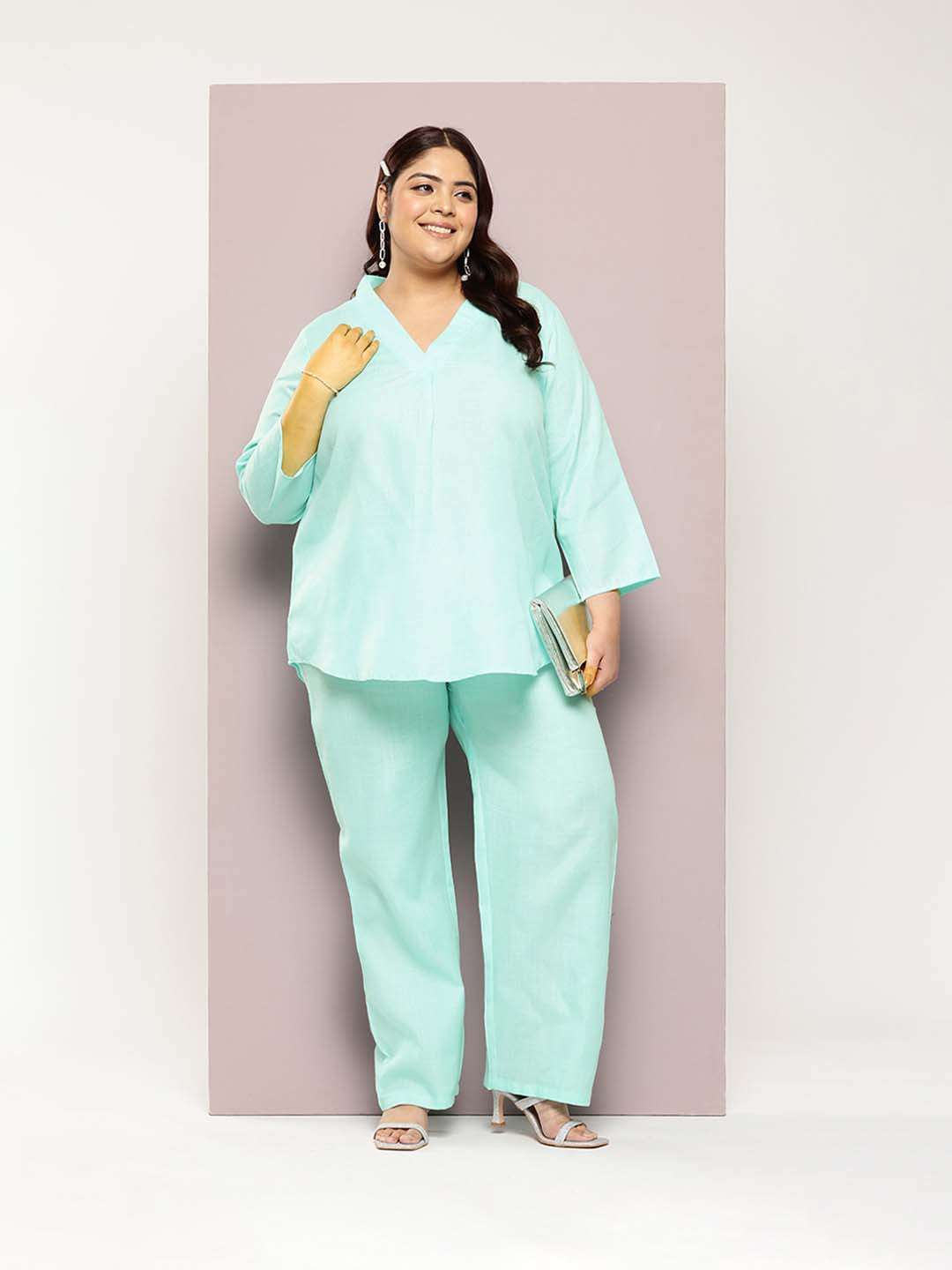 Sky Blue Cotton slub V-neck top with regular sleeves and pant co-ord set.