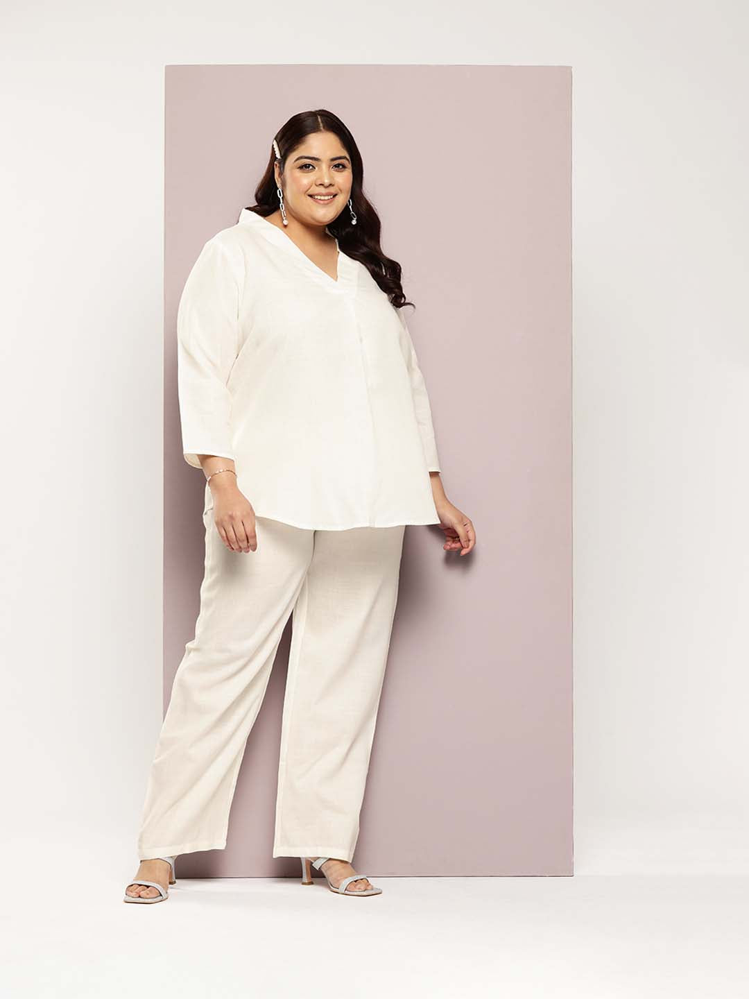 Off White Cotton slub V-neck top with regular sleeves and pant co-ord set.