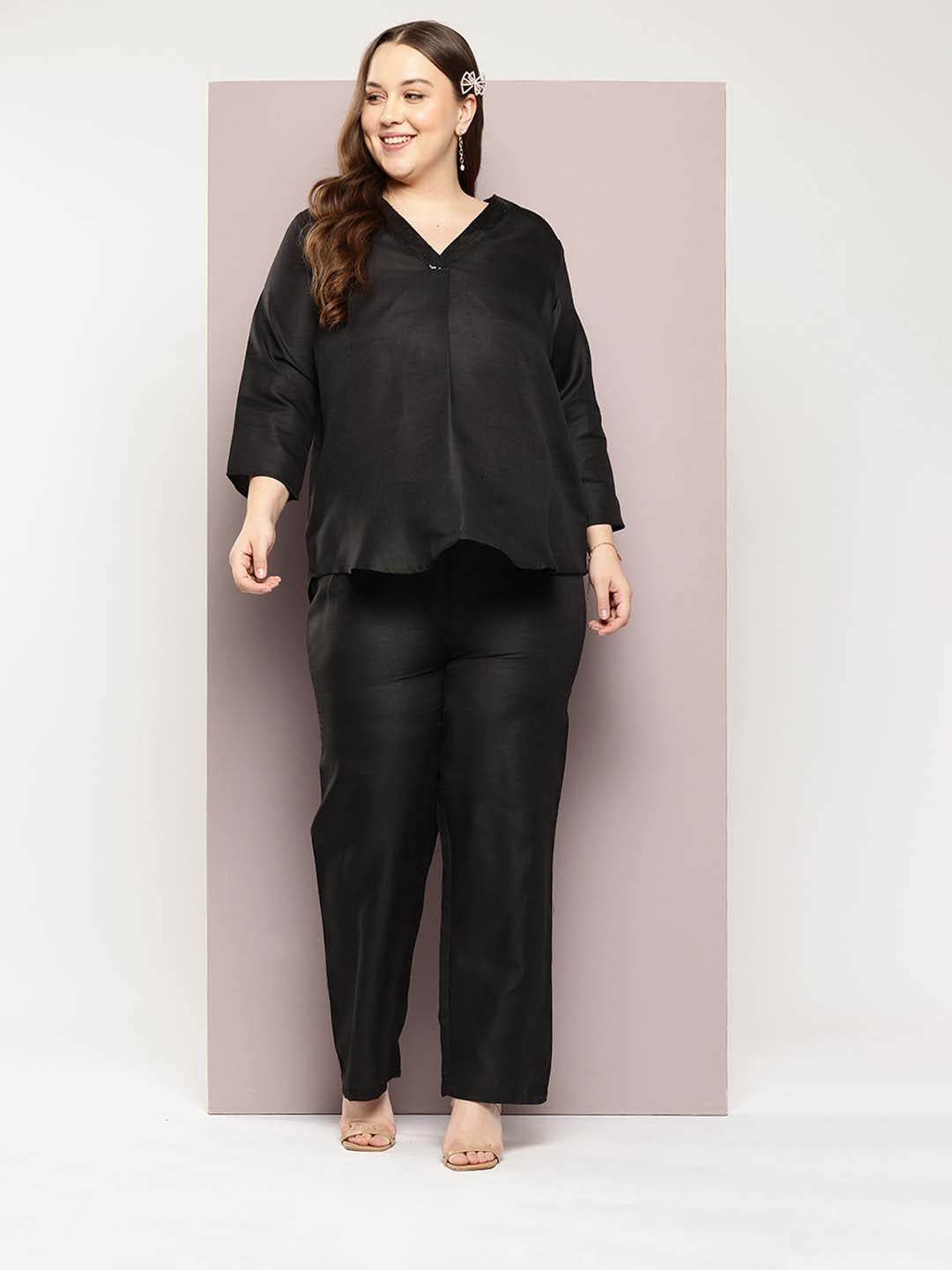 Black Cotton slub V-neck top with regular sleeves and pant co-ord set.