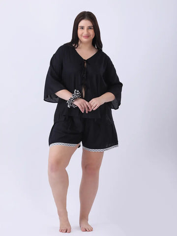 Black rayon bow top with shorts co-ord set