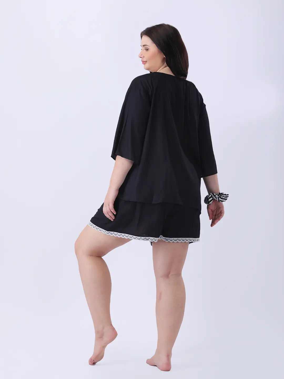 Black rayon bow top with shorts co-ord set