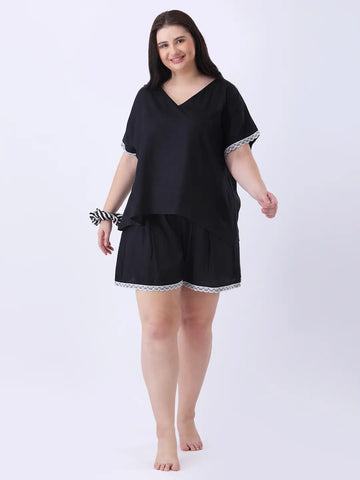Black rayon v-neck drop shoulder top with shorts co-ord set
