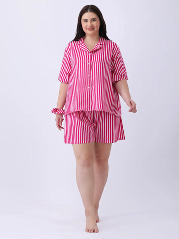 Magenta stripe notch collar shirt with shorts co-ord set