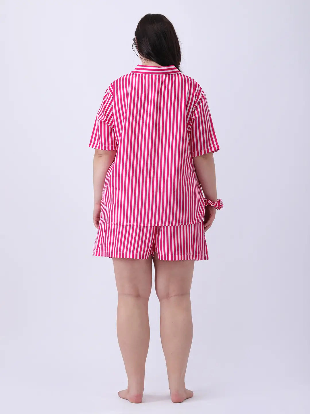 Magenta stripe notch collar shirt with shorts co-ord set