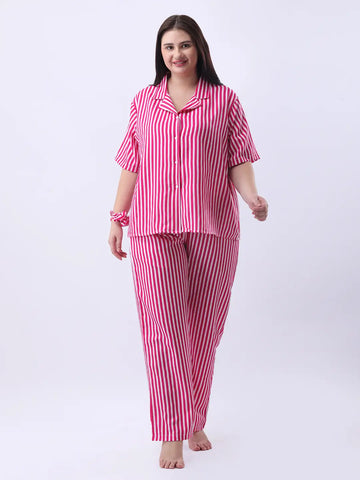 Magenta stripe notch collar shirt with pant co-ord set