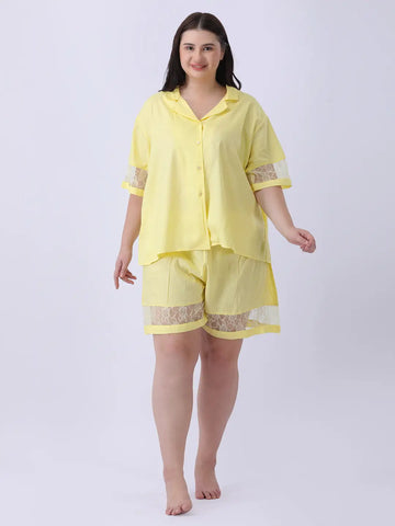 Lemon yellow notch collar shirt & shorts with lace detailing co-ord set