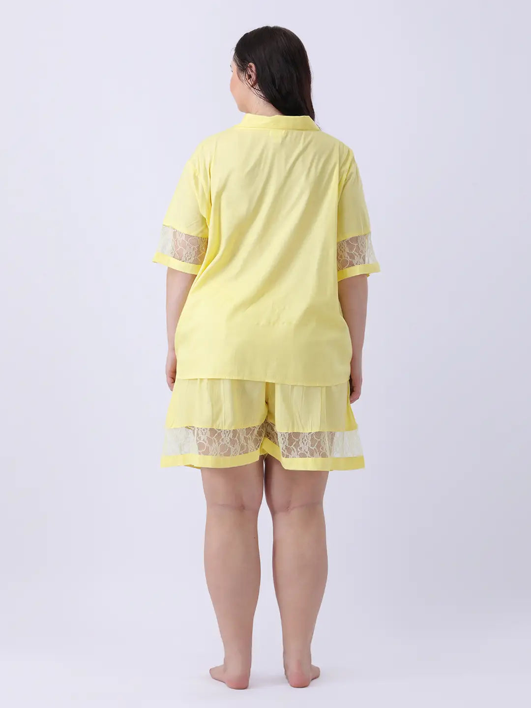 Lemon yellow notch collar shirt & shorts with lace detailing co-ord set