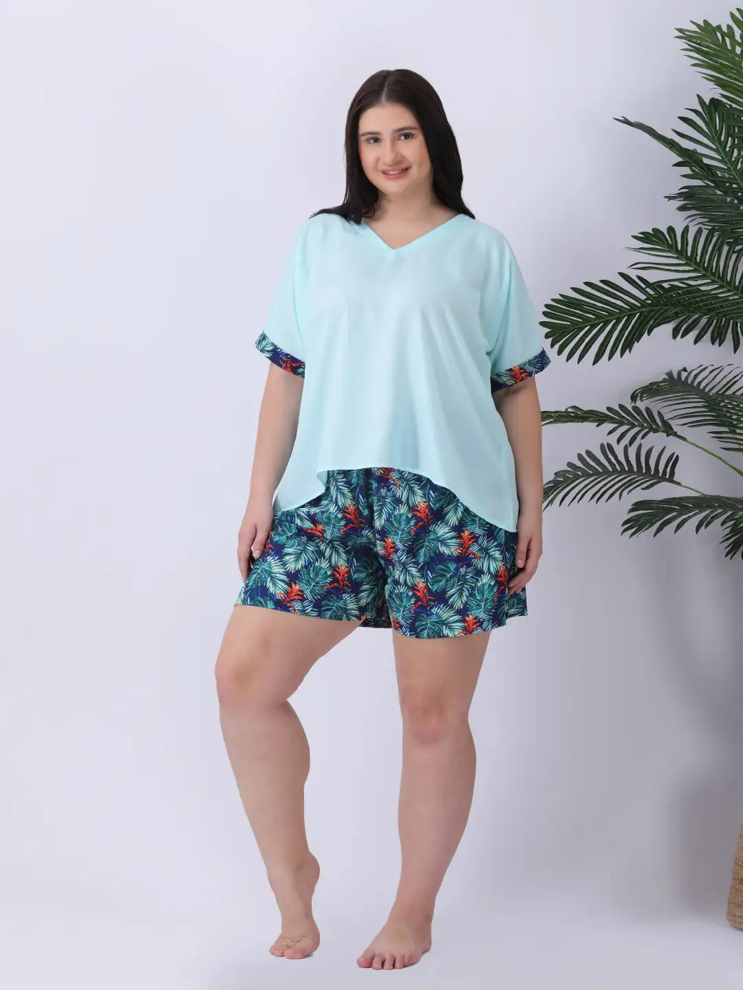 Solid v-neck drop shoulder top with printed shorts co-ord set