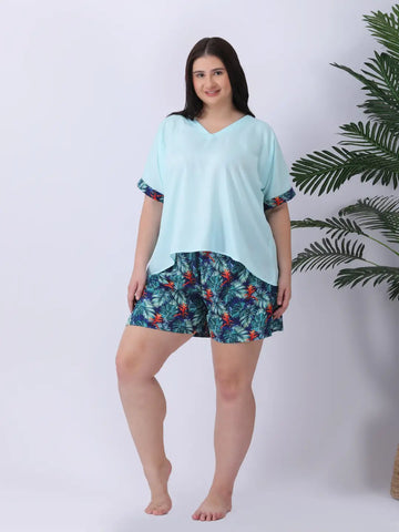 Solid v-neck drop shoulder top with printed shorts co-ord set