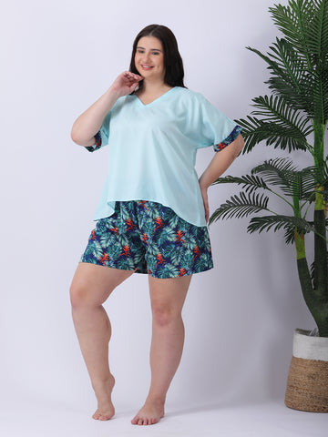 Solid v-neck drop shoulder top with printed shorts co-ord set