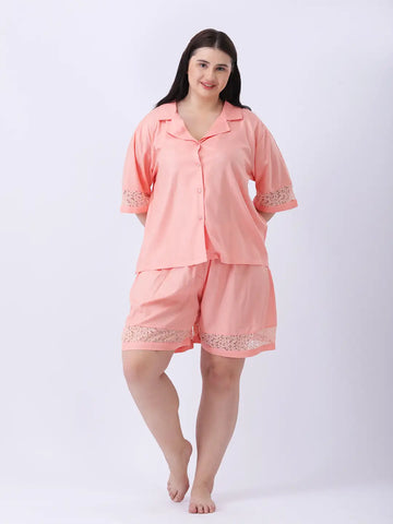 Peach rayon lace trim notch collar shirt with shorts co-ord set
