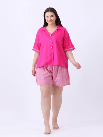 Magenta rayon notch collar shirt with gingham shorts co-ord set
