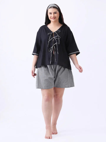 Black rayon bow top with gingham shorts co-ord set