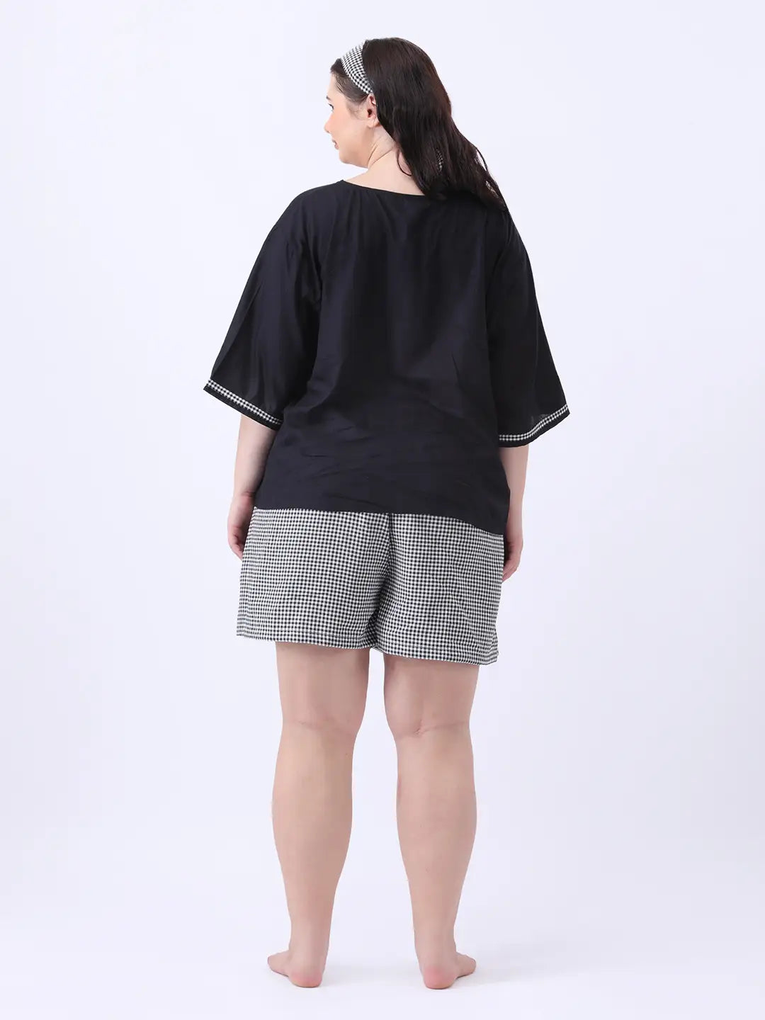 Black rayon bow top with gingham shorts co-ord set
