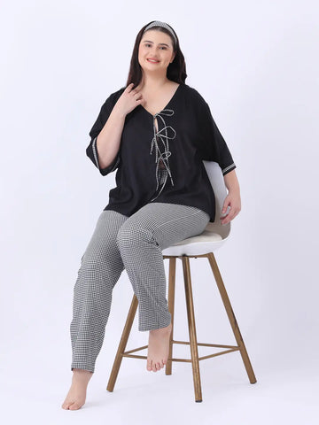 Black rayon loose fit top with gingham bow