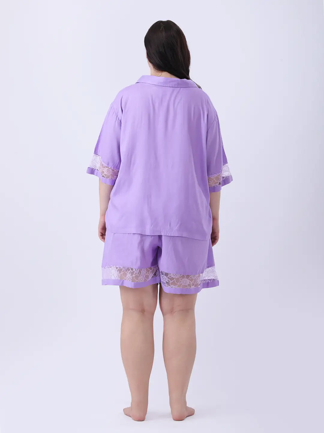 Lavender rayon lace trim notch collar shirt with shorts co-ord set