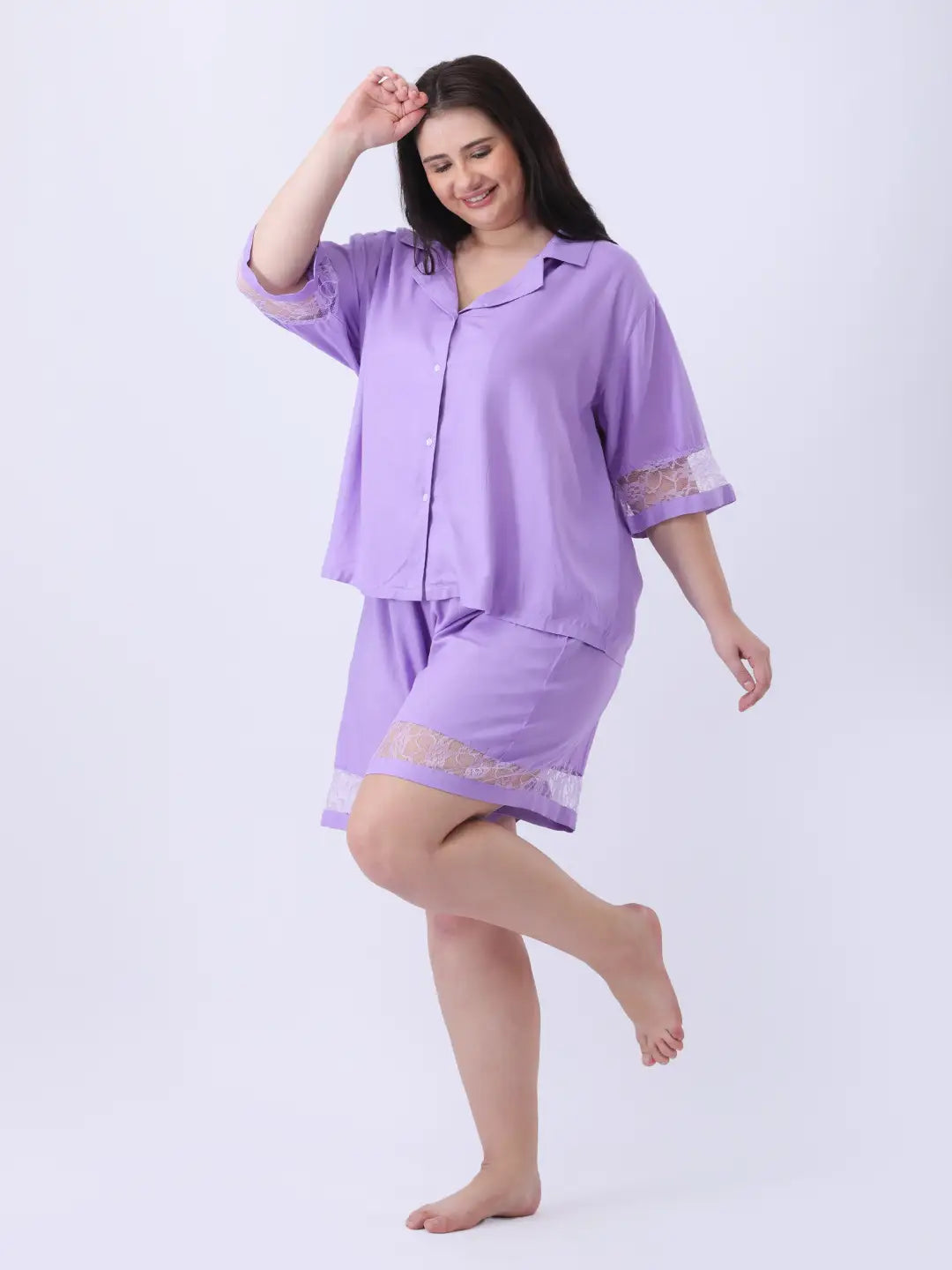 Lavender rayon lace trim notch collar shirt