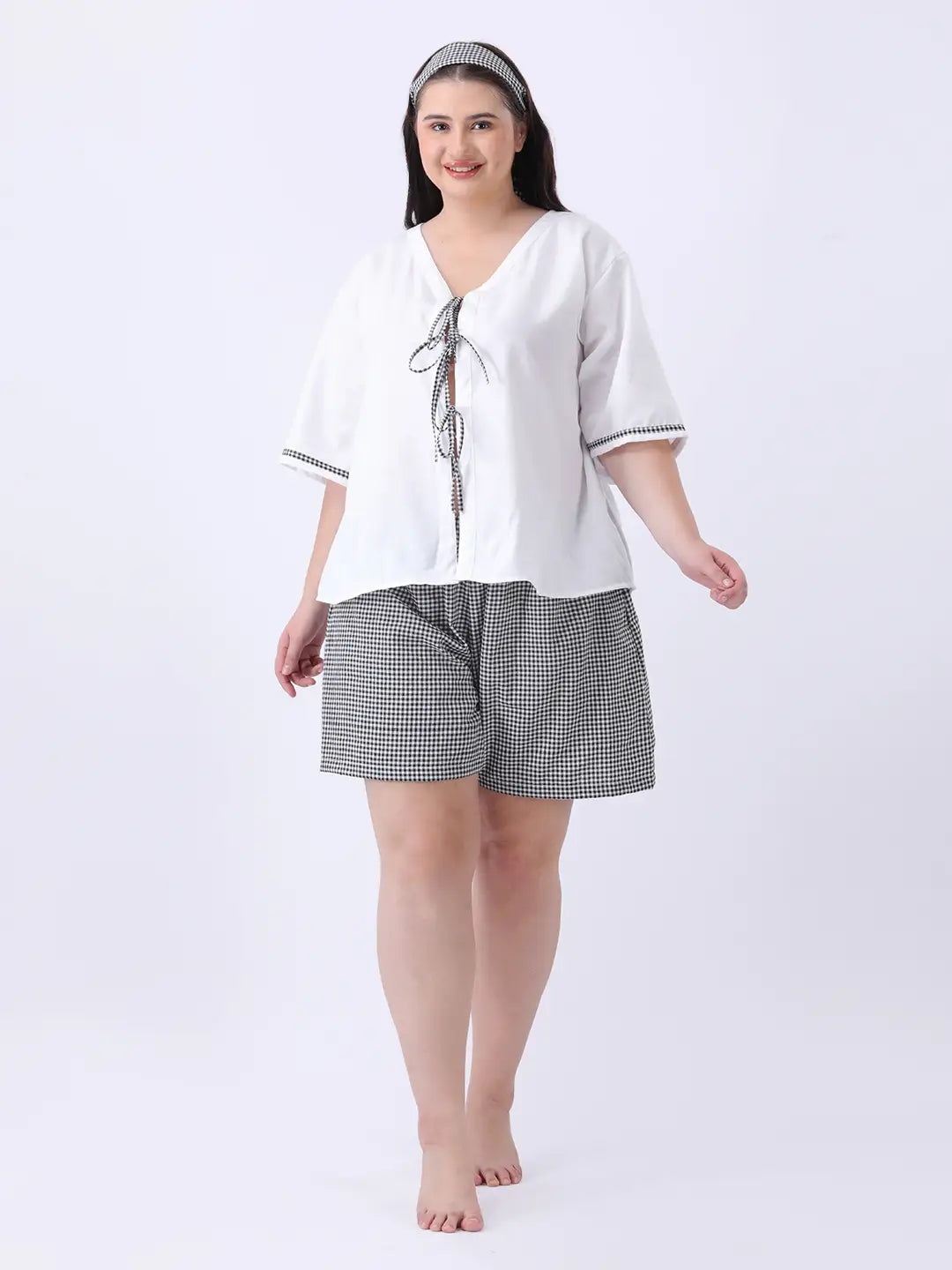 White rayon loose fit bow top with gingham shorts co-ord set