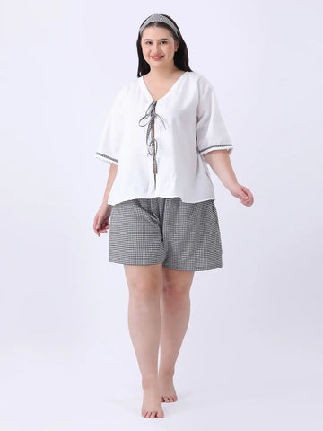 White rayon loose fit bow top with gingham shorts co-ord set