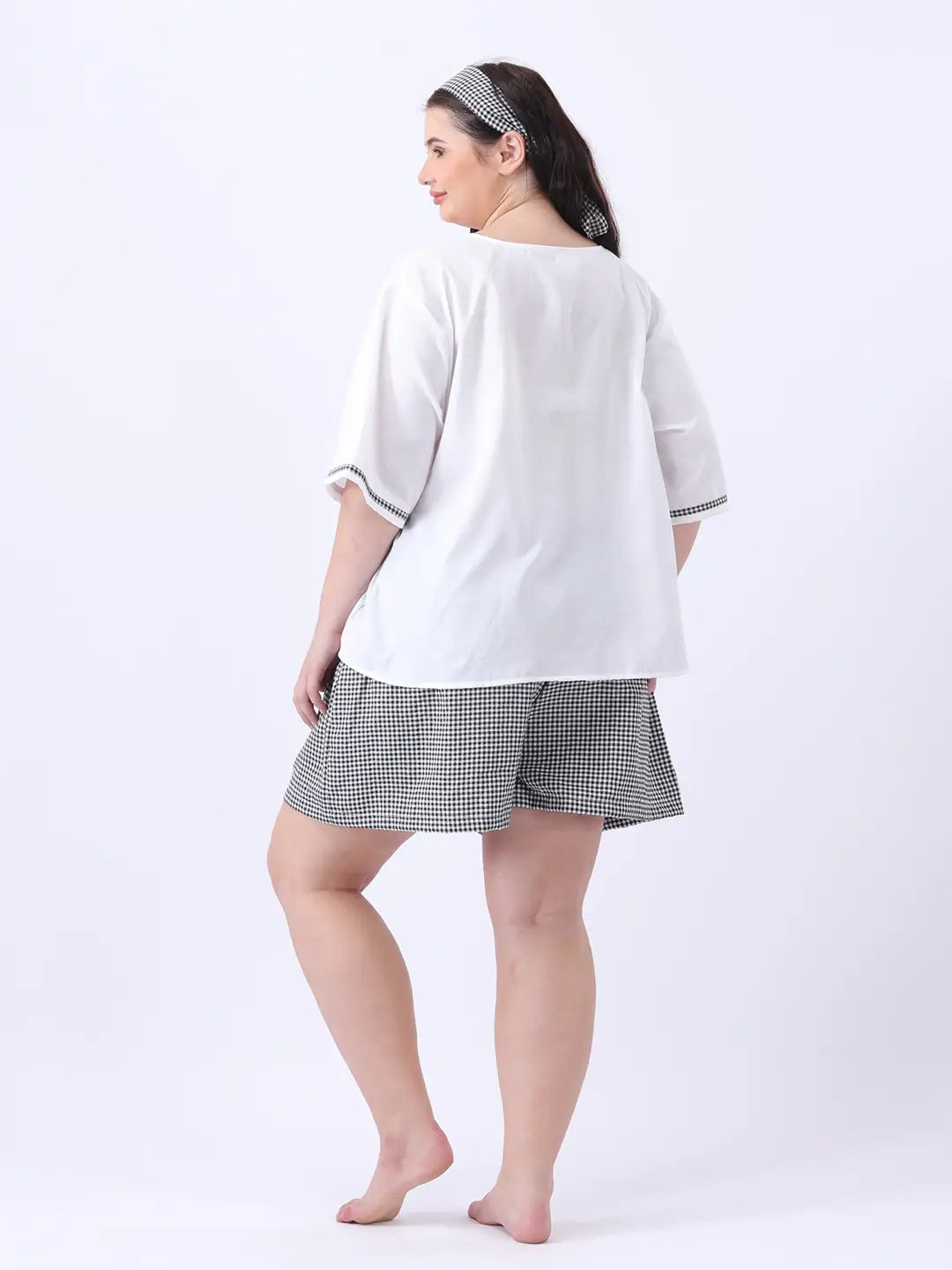 White rayon loose fit bow top with gingham shorts co-ord set
