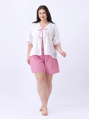 White rayon loose fit gingham bow top with gingham shorts co-ord set
