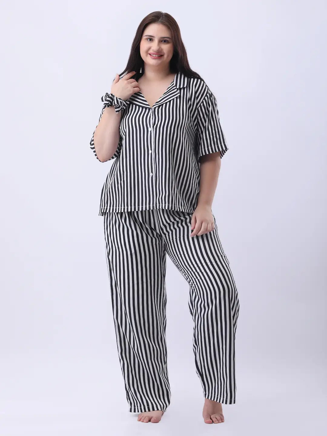 Black striped notch collar shirt with pant co-ord set