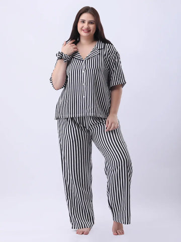 Black striped notch collar shirt with pant co-ord set