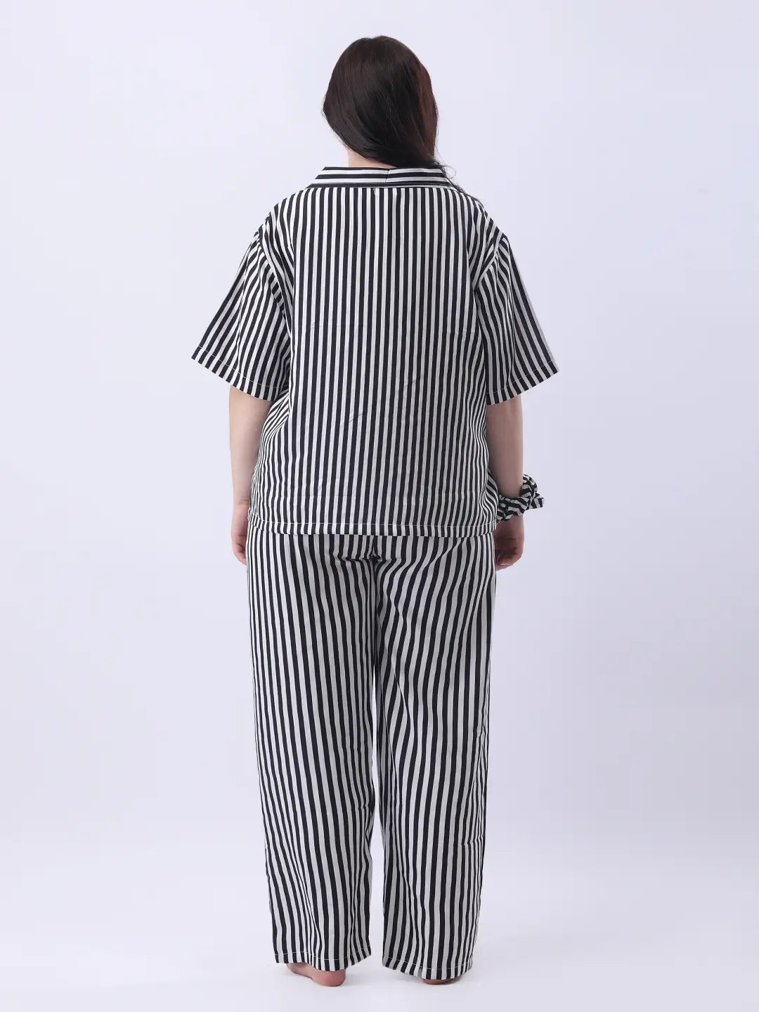 Black striped notch collar shirt with pant co-ord set