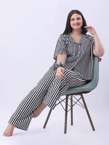 Black striped notch collar shirt with pant co-ord set
