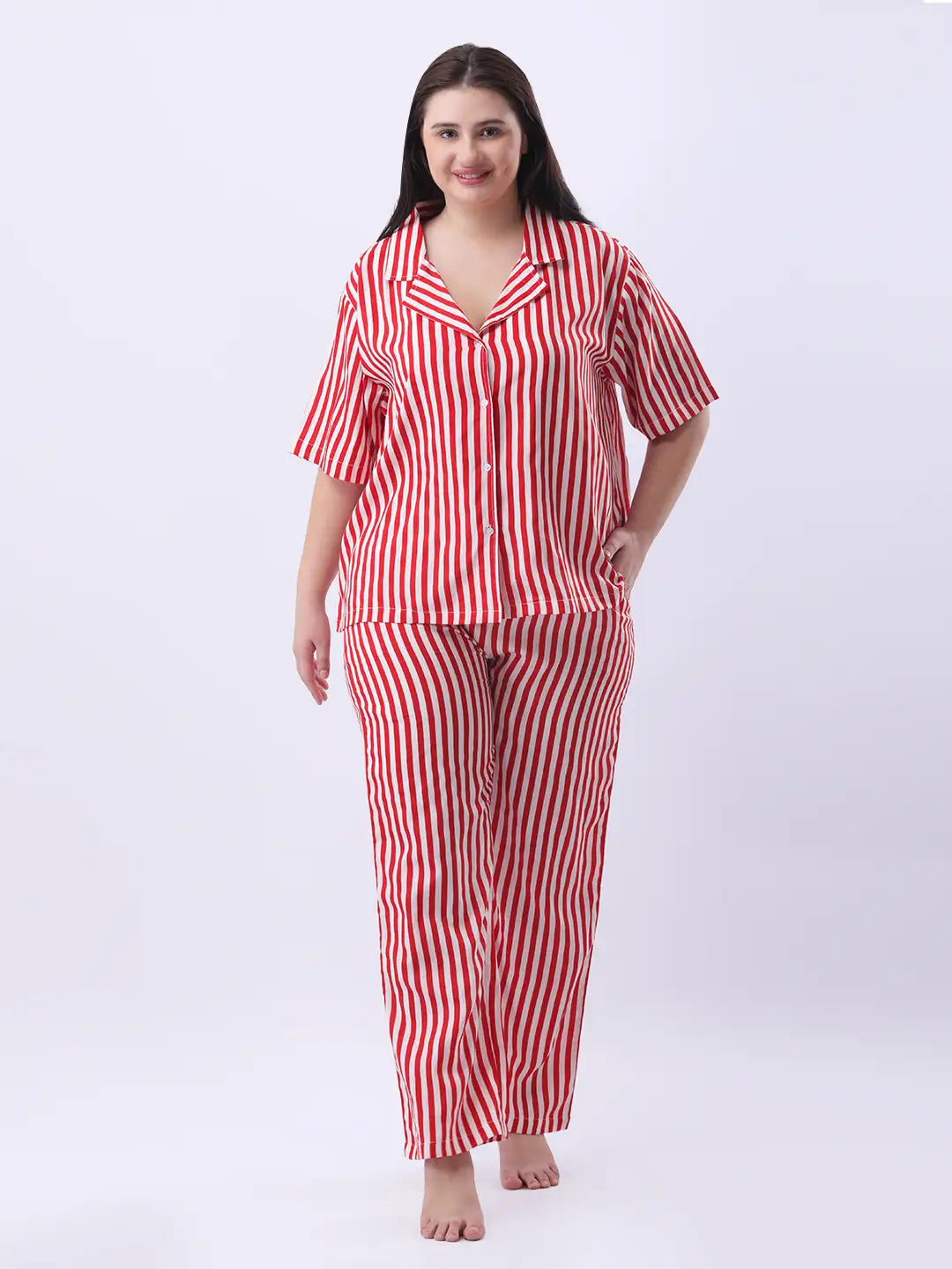 Red striped notch collar shirt with pant co-ord set