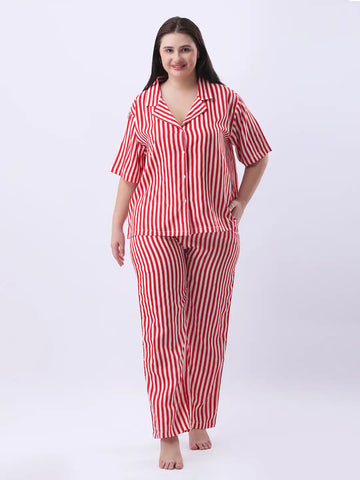 Red striped notch collar shirt with pant co-ord set