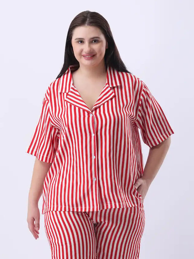 Red striped notch collar shirt