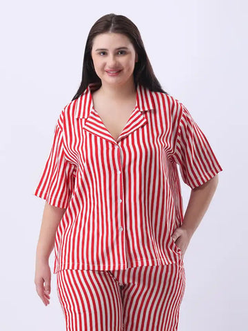 Red striped notch collar shirt