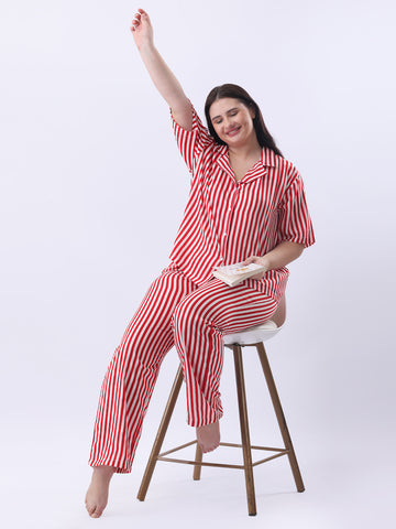 Red striped notch collar shirt with pant co-ord set