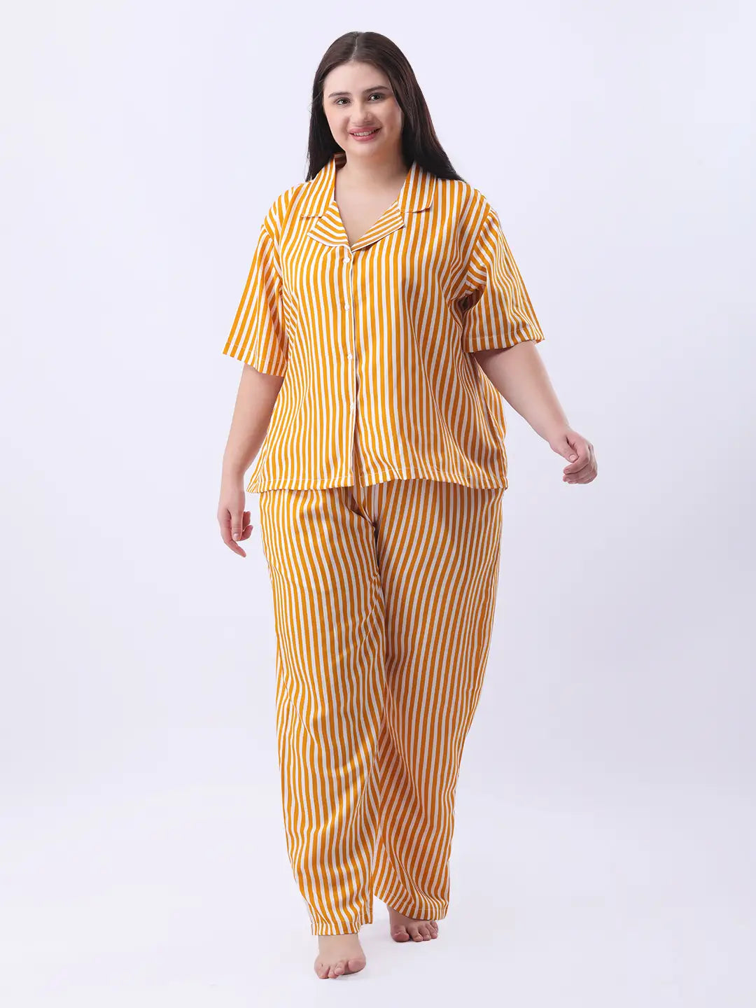 Yellow striped notch collar shirt with pant co-ord set