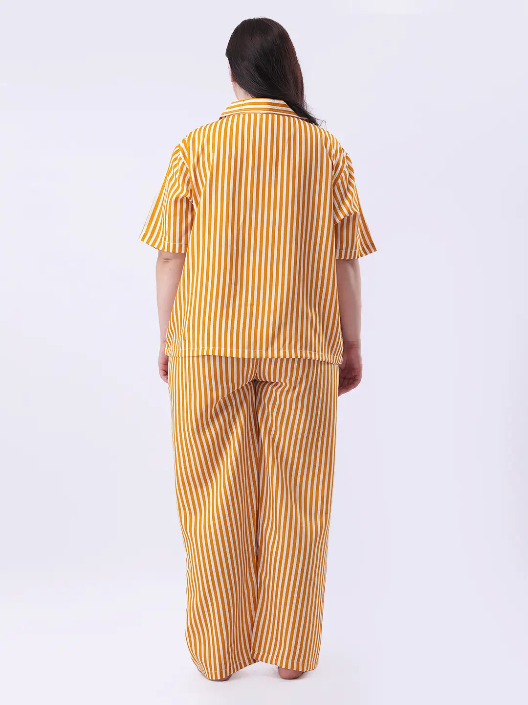 Yellow striped notch collar shirt with pant co-ord set