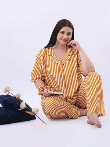 Yellow striped notch collar shirt with pant co-ord set