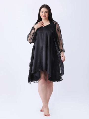 Black satin nightwear dress with a sheer night robe
