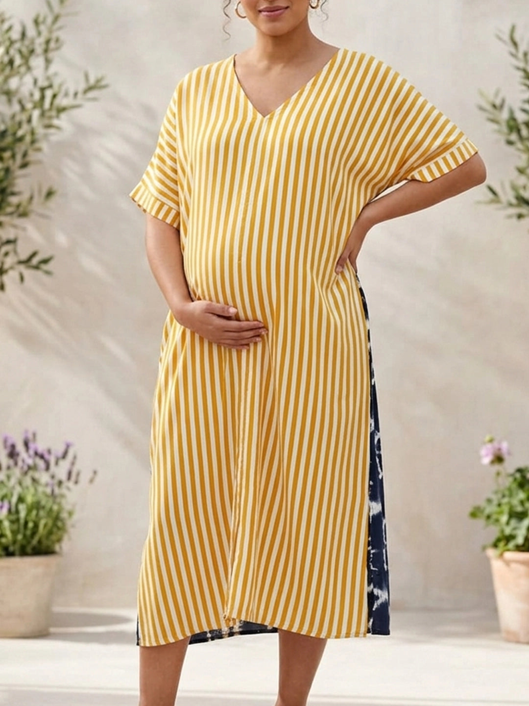 Yellow stripe dress with tie & dye print back