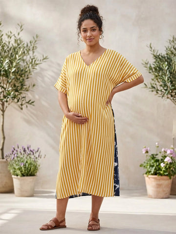 Yellow stripe dress with tie & dye print back