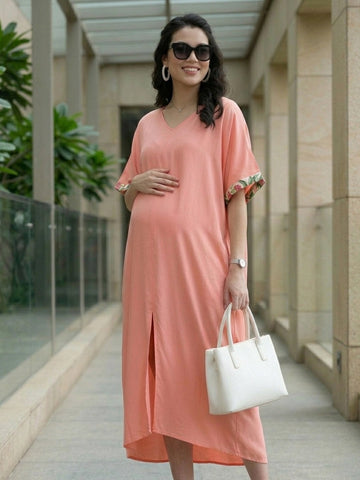 Peach loose fit dress with front slit