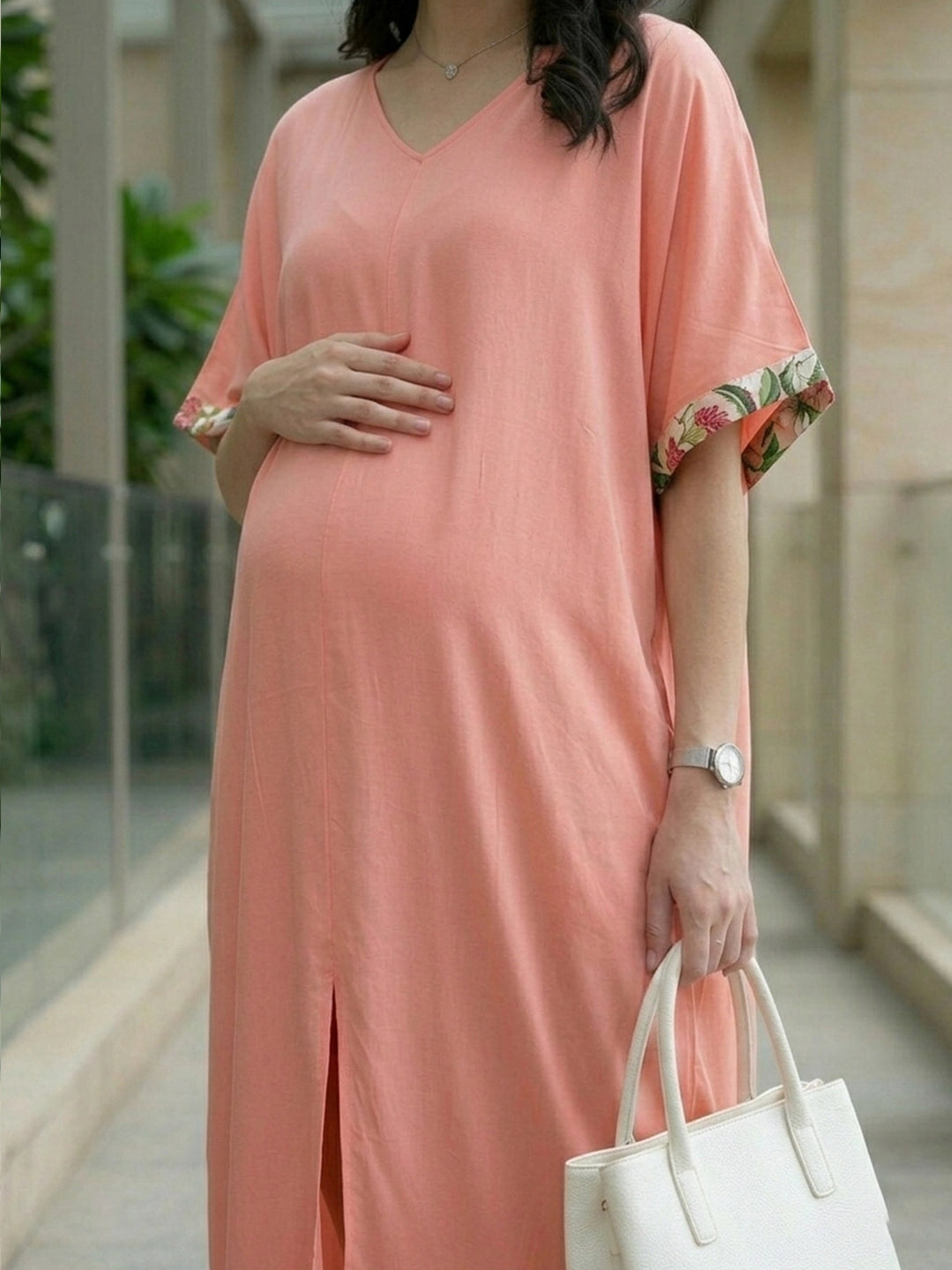 Peach loose fit dress with front slit