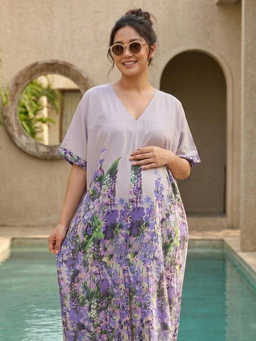 Floral print loose fit dress with front slit