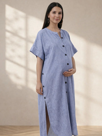 Blue linen relax fit shirt dress