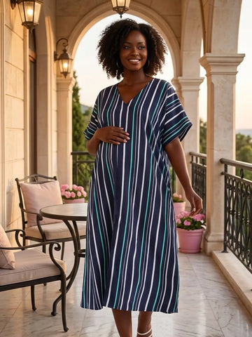 Navy stripe loose fit dress with front slit