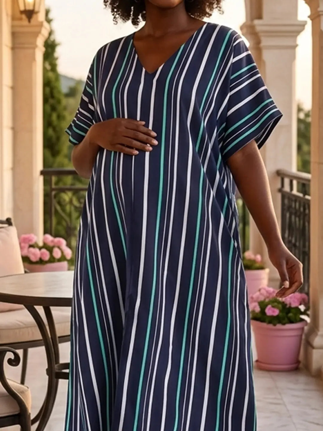 Navy stripe loose fit dress with front slit