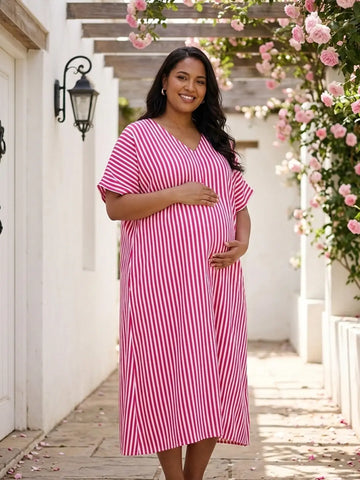 Pink stripe loose fit dress with front slit