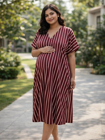 Maroon stripe loose fit dress with front slit
