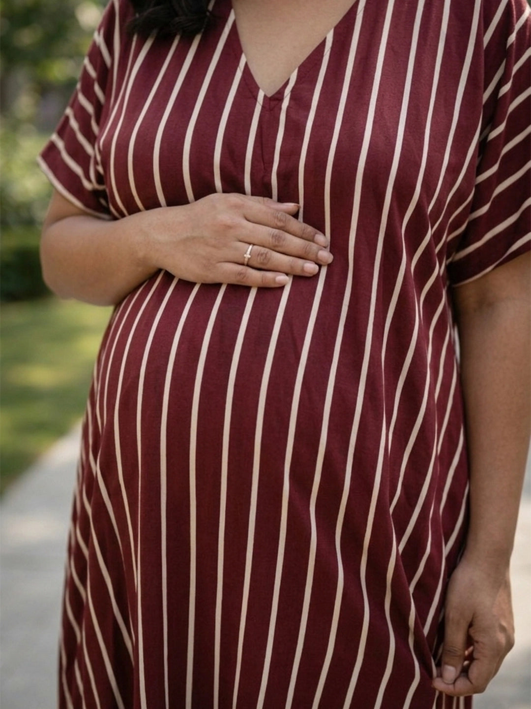 Maroon stripe loose fit dress with front slit